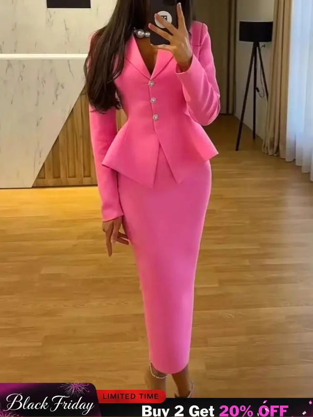 AOMEIDRESS Elegant Pink Two Piece Set Blazer Tops with Skirt for Party Pink / S