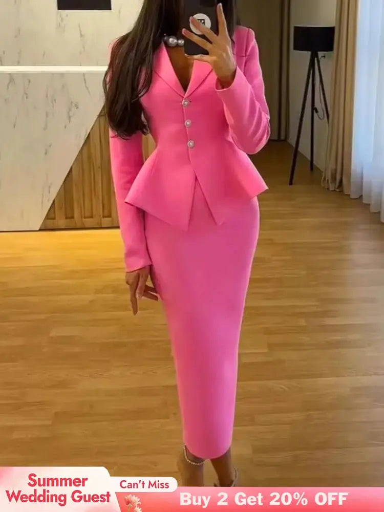 AOMEIDRESS Elegant Pink Two Piece Set Blazer Tops with Skirt for Party Pink / S