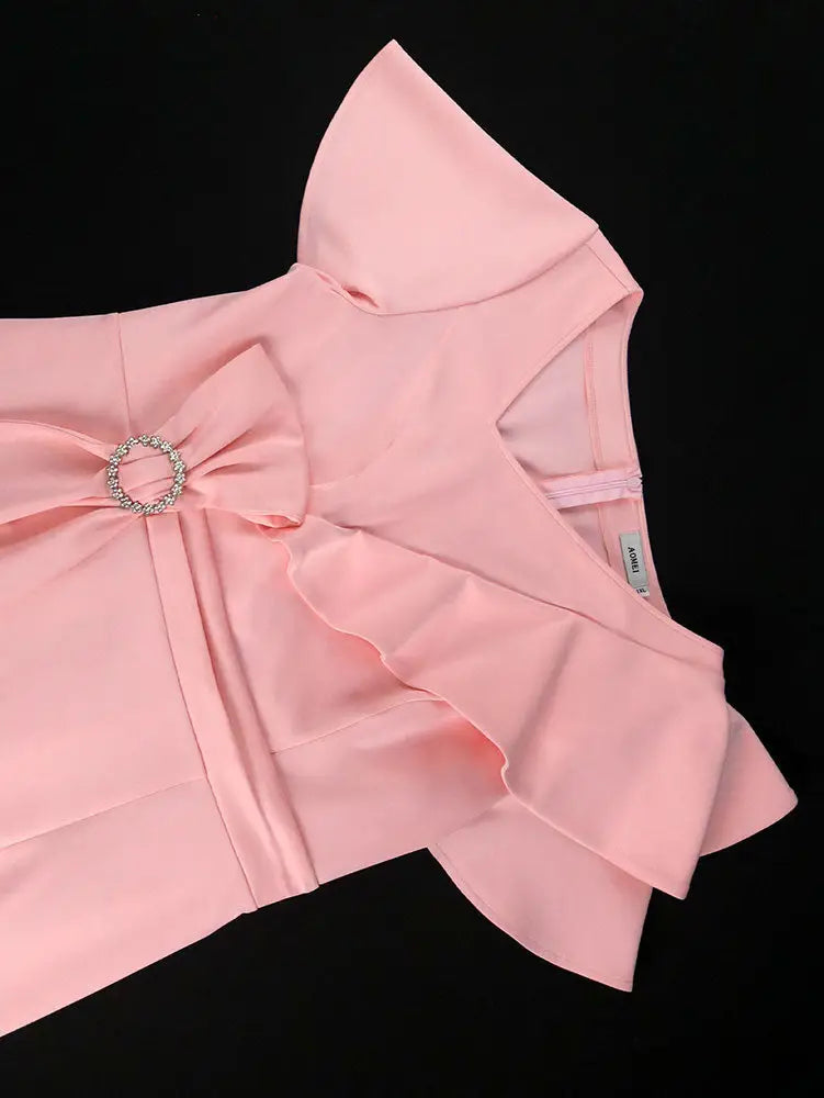 AOMEIDRESS Elegant Pink V Neck Party Outfits For Women Ruffles Bow