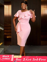 AOMEIDRESS Elegant Pink V Neck Party Outfits For Women Ruffles Bow Pink / S