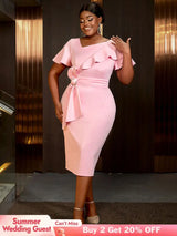 AOMEIDRESS Elegant Pink V Neck Party Outfits For Women Ruffles Bow Pink / S