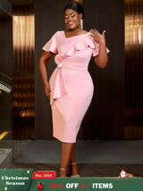 AOMEIDRESS Elegant Pink V Neck Party Outfits For Women Ruffles Bow Pink / S