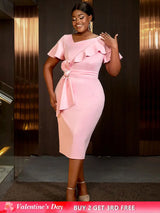 AOMEIDRESS Elegant Pink V Neck Party Outfits For Women Ruffles Bow Pink / S