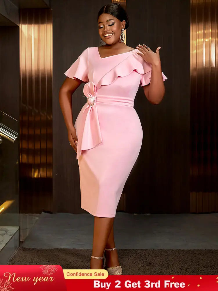 AOMEIDRESS Elegant Pink V Neck Party Outfits For Women Ruffles Bow Pink / S