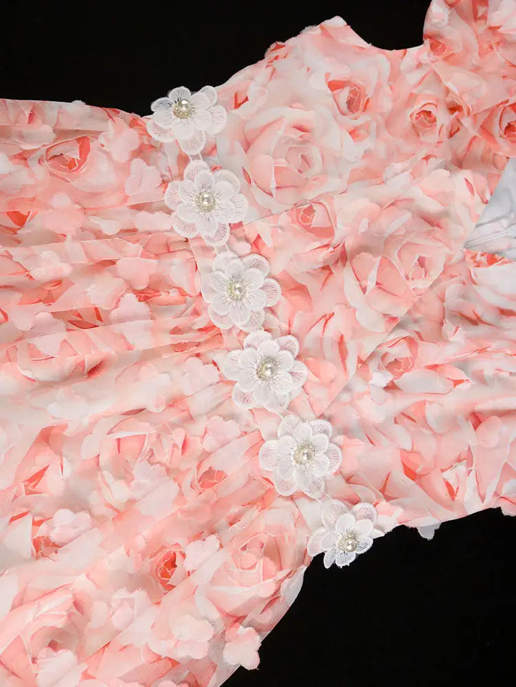 AOMEIDRESS Elegant Pink Wedding Guest Dress A Line 3D Floral Applique