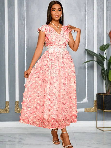 AOMEIDRESS Elegant Pink Wedding Guest Dress A Line 3D Floral Applique