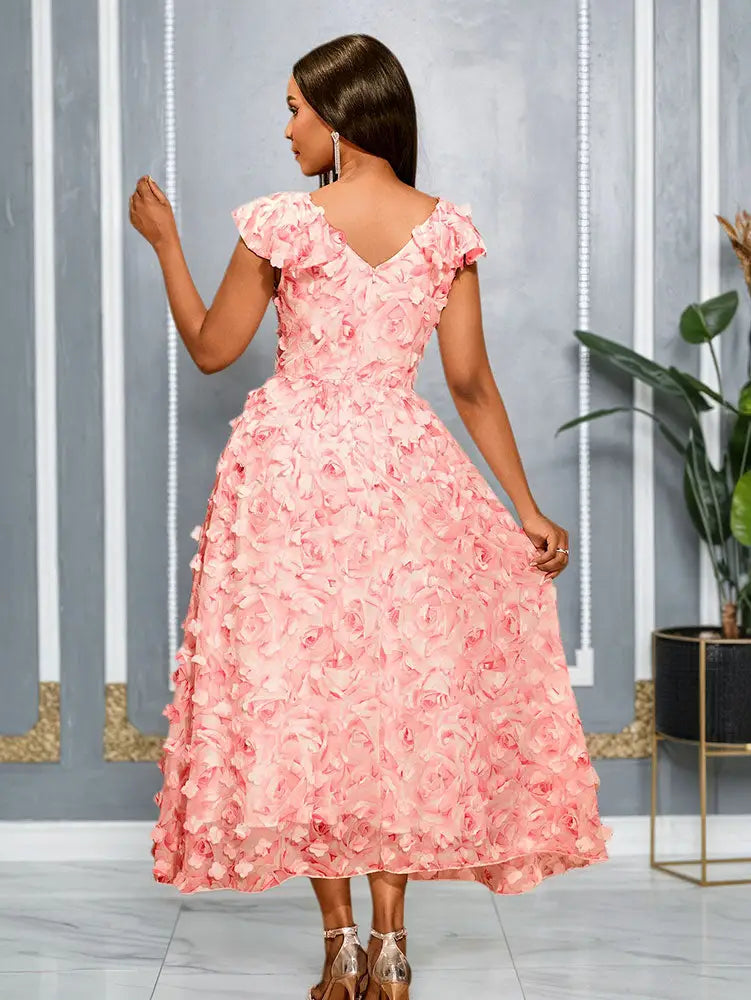 AOMEIDRESS Elegant Pink Wedding Guest Dress A Line 3D Floral Applique