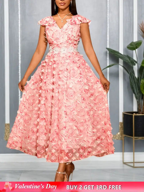 AOMEIDRESS Elegant Pink Wedding Guest Dress A Line 3D Floral Applique Pink / S