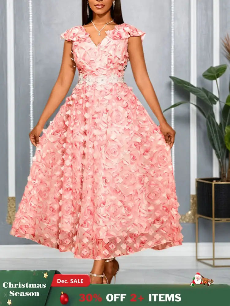 AOMEIDRESS Elegant Pink Wedding Guest Dress A Line 3D Floral Applique Pink / S