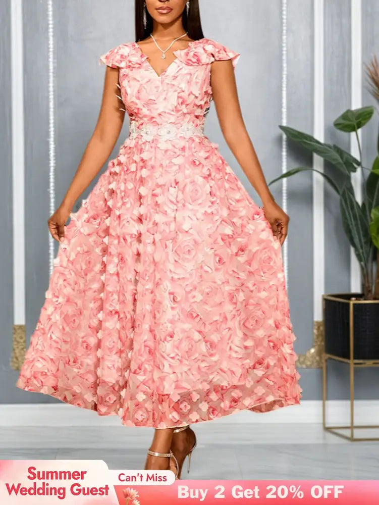 AOMEIDRESS Elegant Pink Wedding Guest Dress A Line 3D Floral Applique Pink / S