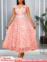 AOMEIDRESS Elegant Pink Wedding Guest Dress A Line 3D Floral Applique Pink / S