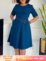 AOMEIDRESS Elegant Pleated A Line Dress O Neck Short Sleeve Buttons