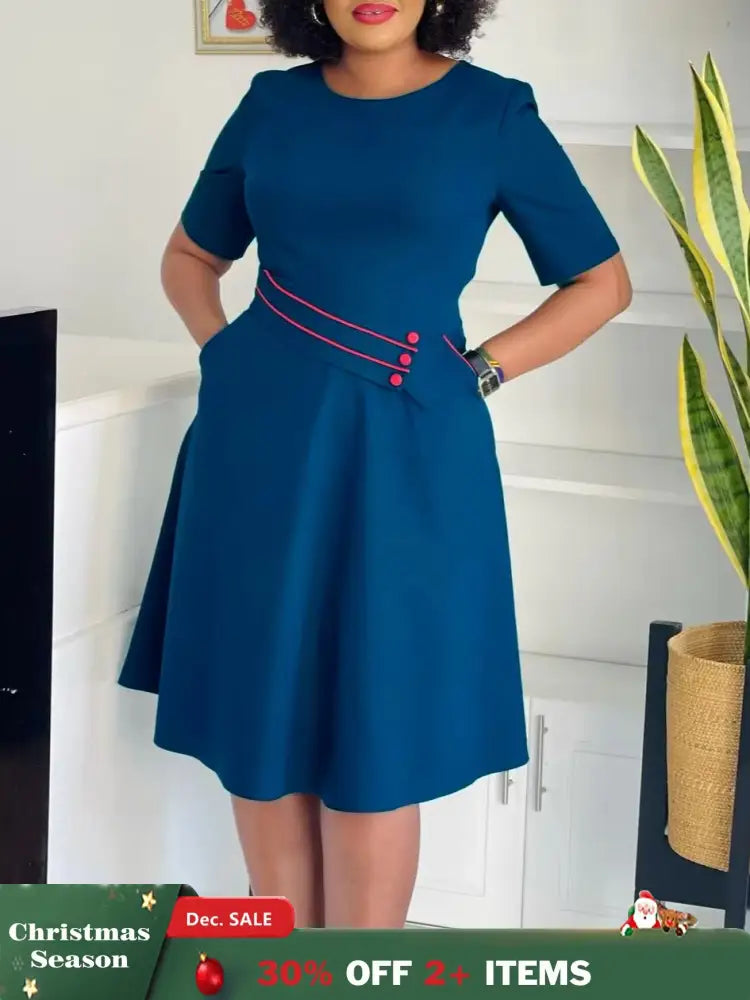 AOMEIDRESS Elegant Pleated A Line Dress O Neck Short Sleeve Buttons