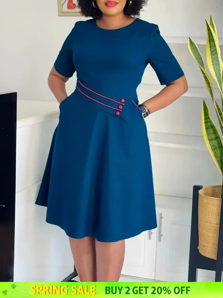 AOMEIDRESS Elegant Pleated A Line Dress O Neck Short Sleeve Buttons