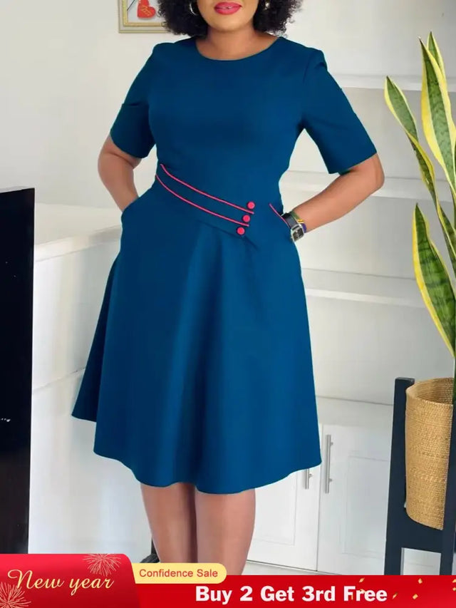 AOMEIDRESS Elegant Pleated A Line Dress O Neck Short Sleeve Buttons