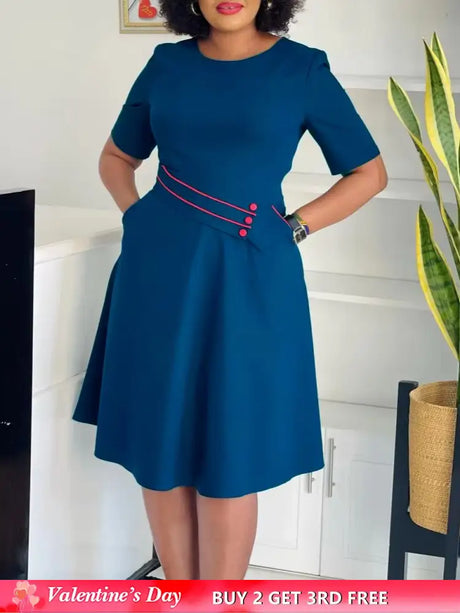 AOMEIDRESS Elegant Pleated A Line Dress O Neck Short Sleeve Buttons