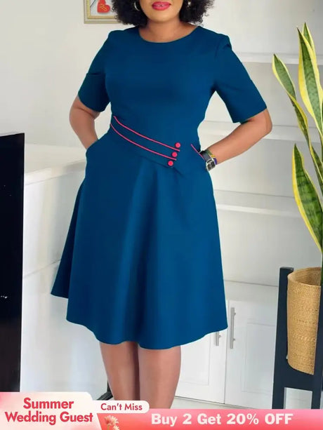 AOMEIDRESS Elegant Pleated A Line Dress O Neck Short Sleeve Buttons