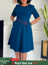 AOMEIDRESS Elegant Pleated A Line Dress O Neck Short Sleeve Buttons