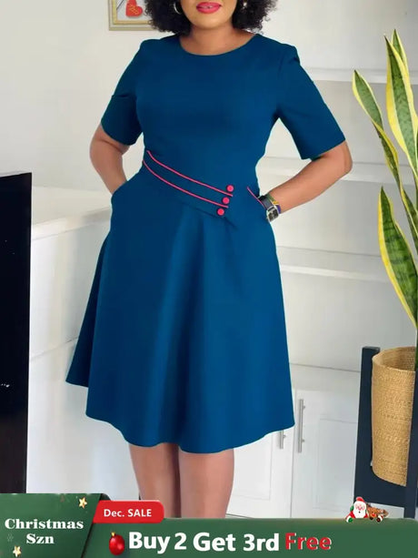 AOMEIDRESS Elegant Pleated A Line Dress O Neck Short Sleeve Buttons