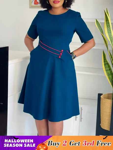AOMEIDRESS Elegant Pleated A Line Dress O Neck Short Sleeve Buttons