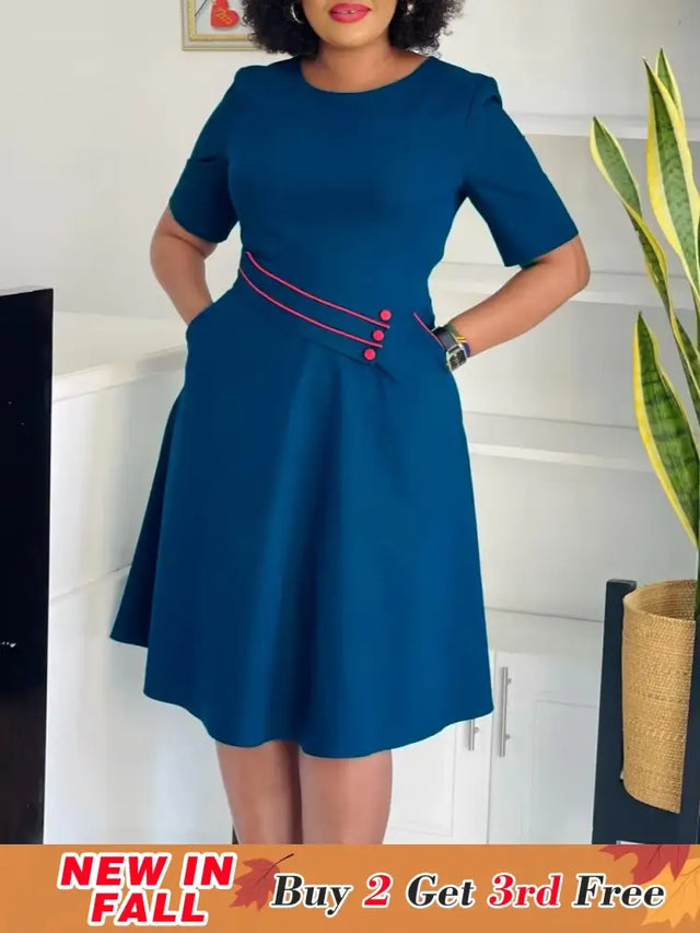 AOMEIDRESS Elegant Pleated A Line Dress O Neck Short Sleeve Buttons