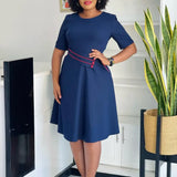 AOMEIDRESS Elegant Pleated A Line Dress O Neck Short Sleeve Buttons Dark Blue / S
