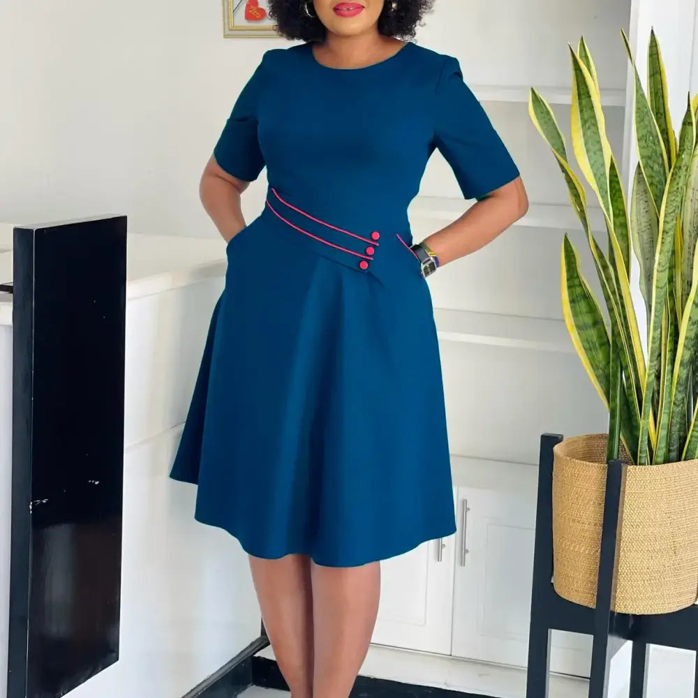 AOMEIDRESS Elegant Pleated A Line Dress O Neck Short Sleeve Buttons Malachite Green / S