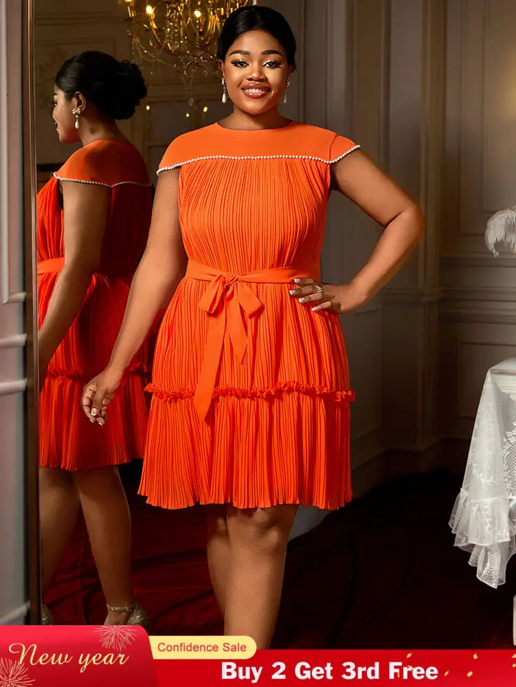 AOMEIDRESS Elegant Pleated Beaded Dress With Lace Up For Wedding Guest Orange / 0XL