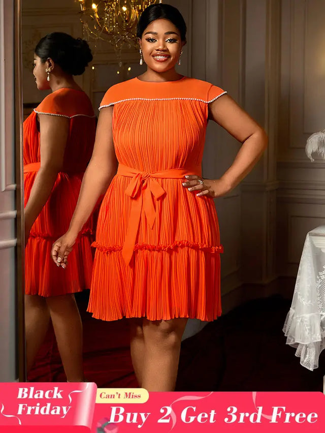 AOMEIDRESS Elegant Pleated Beaded Dress With Lace Up For Wedding Guest Orange / 0XL