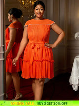 AOMEIDRESS Elegant Pleated Beaded Dress With Lace Up For Wedding Guest Orange / 0XL