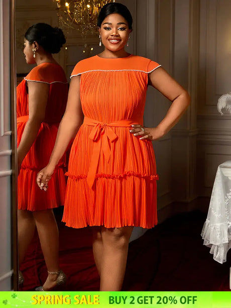 AOMEIDRESS Elegant Pleated Beaded Dress With Lace Up For Wedding Guest Orange / 0XL