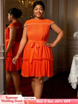 AOMEIDRESS Elegant Pleated Beaded Dress With Lace Up For Wedding Guest Orange / 0XL