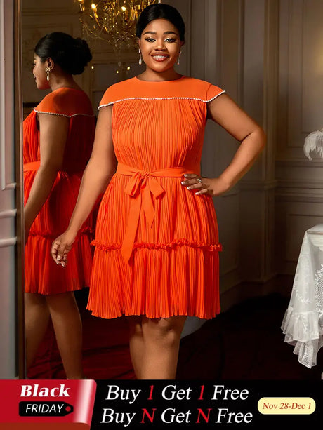 AOMEIDRESS Elegant Pleated Beaded Dress With Lace Up For Wedding Guest Orange / 0XL