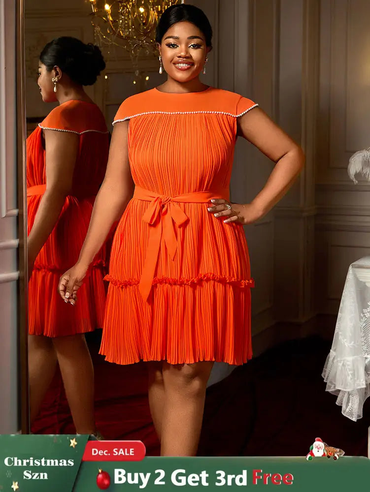 AOMEIDRESS Elegant Pleated Beaded Dress With Lace Up For Wedding Guest Orange / 0XL