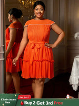 AOMEIDRESS Elegant Pleated Beaded Dress With Lace Up For Wedding Guest Orange / 0XL