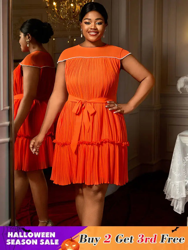 AOMEIDRESS Elegant Pleated Beaded Dress With Lace Up For Wedding Guest Orange / 0XL