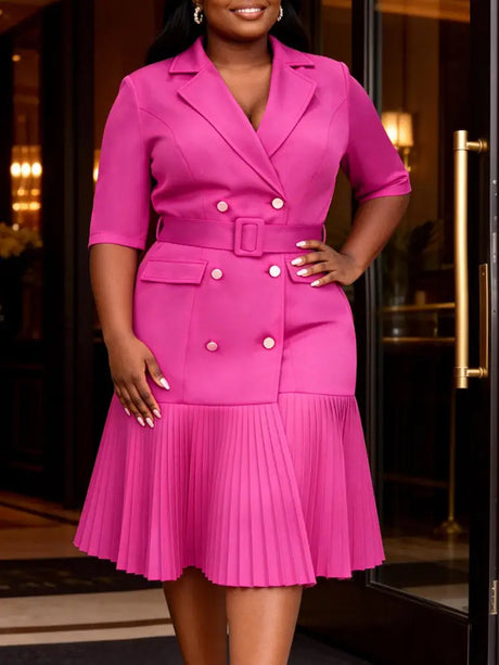 AOMEIDRESS Elegant Pleated Blazer Dress with Belt Causal Office Wear - Rose / S