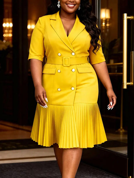 AOMEIDRESS Elegant Pleated Blazer Dress with Belt Causal Office Wear - Yellow / S