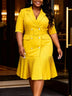 AOMEIDRESS Elegant Pleated Blazer Dress with Belt Causal Office Wear - Yellow / S