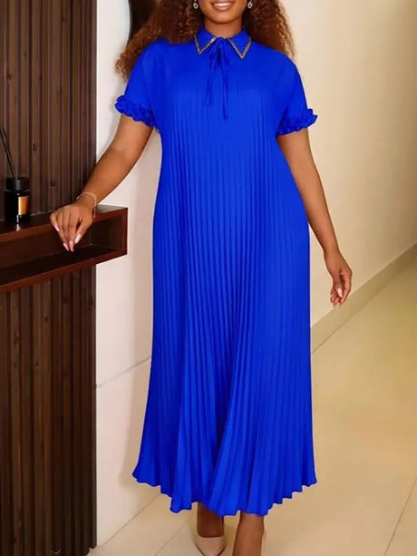 AOMEIDRESS Elegant Pleated Dress Collared Short Sleeves Loose Fitting - Blue / S