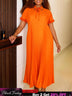 AOMEIDRESS Elegant Pleated Dress Collared Short Sleeves Loose Fitting - Orange / S