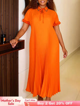 AOMEIDRESS Elegant Pleated Dress Collared Short Sleeves Loose Fitting - Orange / S