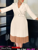 AOMEIDRESS Elegant Pleated Dress Notched Collar Wrist Sleeve Color Block