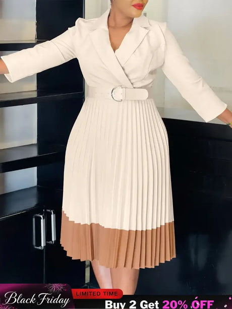 AOMEIDRESS Elegant Pleated Dress Notched Collar Wrist Sleeve Color Block