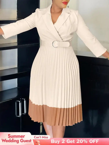 AOMEIDRESS Elegant Pleated Dress Notched Collar Wrist Sleeve Color Block