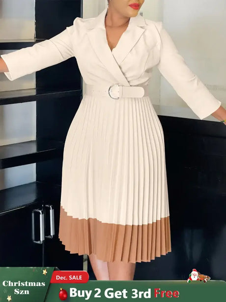 AOMEIDRESS Elegant Pleated Dress Notched Collar Wrist Sleeve Color Block