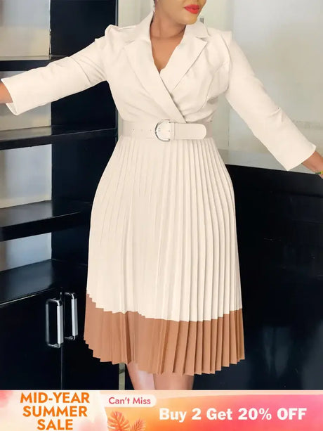 AOMEIDRESS Elegant Pleated Dress Notched Collar Wrist Sleeve Color Block