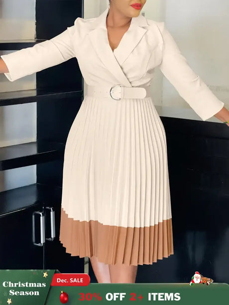 AOMEIDRESS Elegant Pleated Dress Notched Collar Wrist Sleeve Color Block