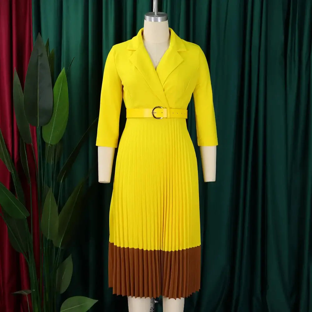 AOMEIDRESS Elegant Pleated Dress Notched Collar Wrist Sleeve Color Block
