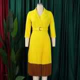 AOMEIDRESS Elegant Pleated Dress Notched Collar Wrist Sleeve Color Block